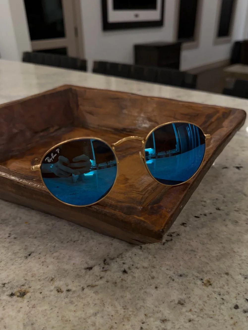 Polarized Ray-Ban Gold Frame Sunglasses with Blue Lenses